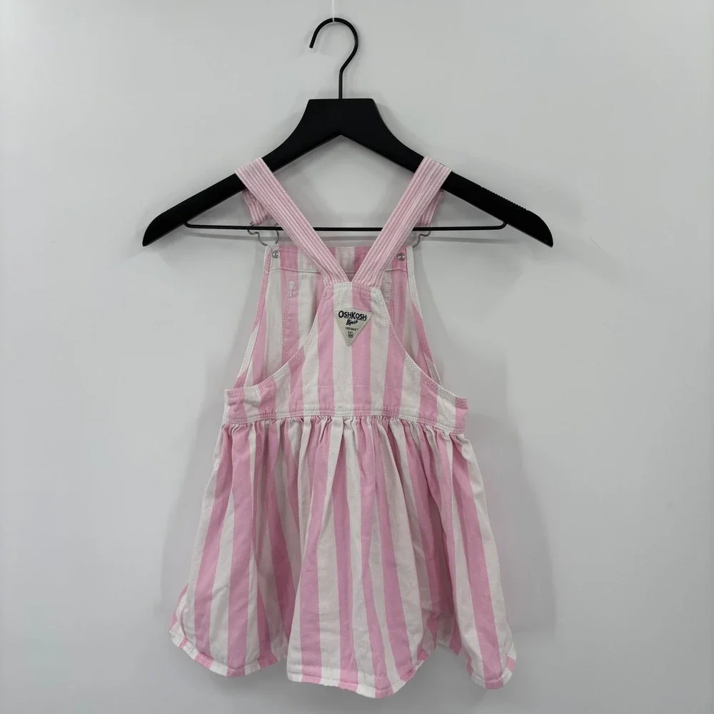 OshKosh B'gosh Overall Dress Kids 5T Pink White Striped Denim Hickory Preppy